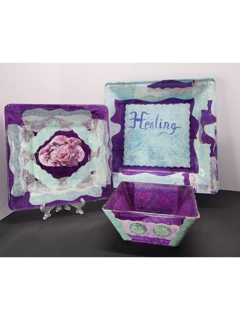 Vtg Mod Podge Square Glass Plates Bowl Set 3 Purple Healing Floral Design 10" 8"